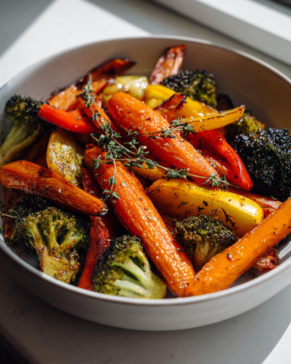 Bowl of roasted vegetable recipes including carrots, broccoli, and bell peppers garnished with herbs.