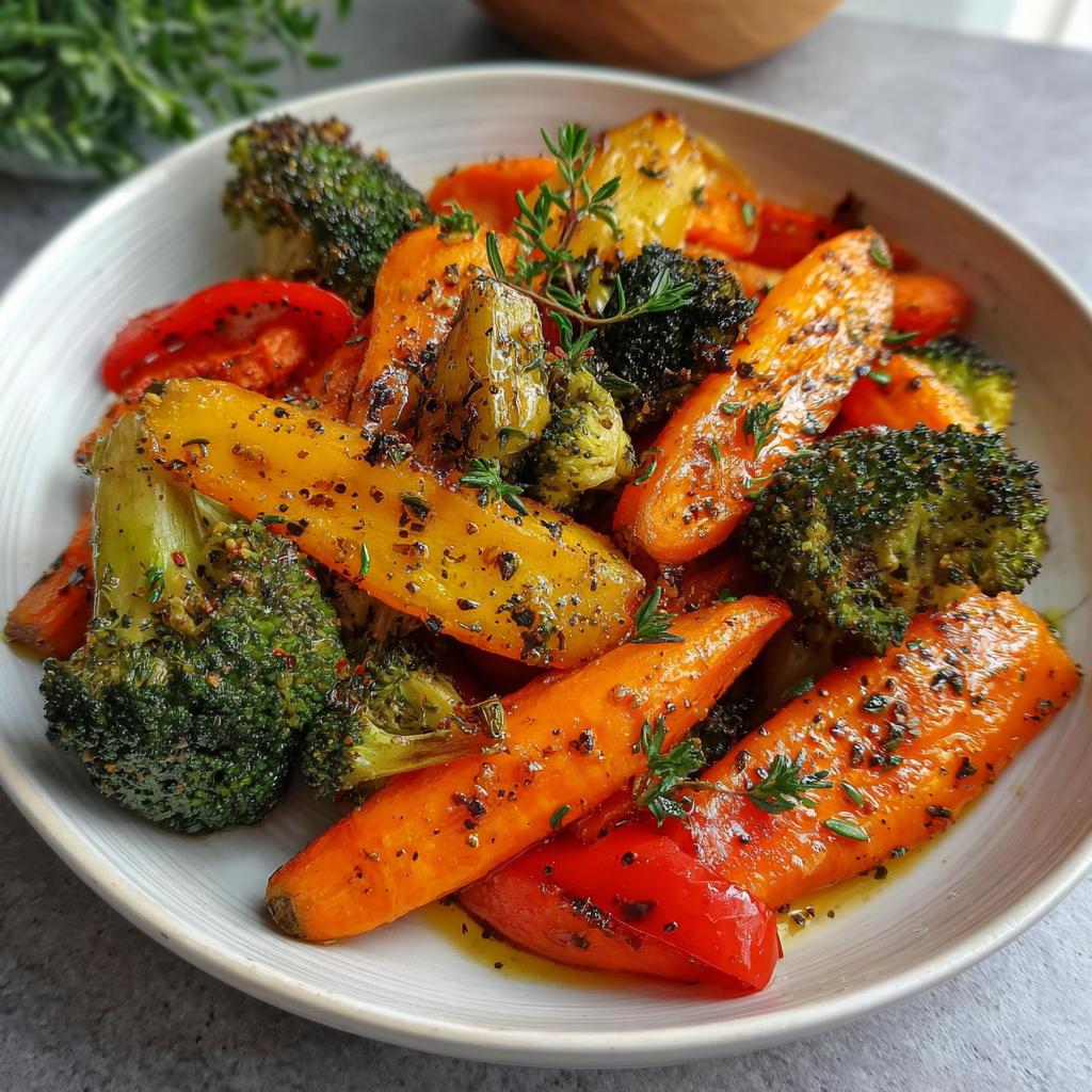 Bowl of vibrant roasted vegetable recipes including broccoli, carrots, and bell peppers seasoned with herbs.