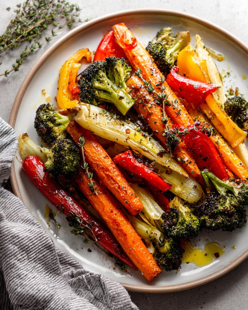 Plate of roasted vegetable recipes including carrots, broccoli, bell peppers, and herbs.