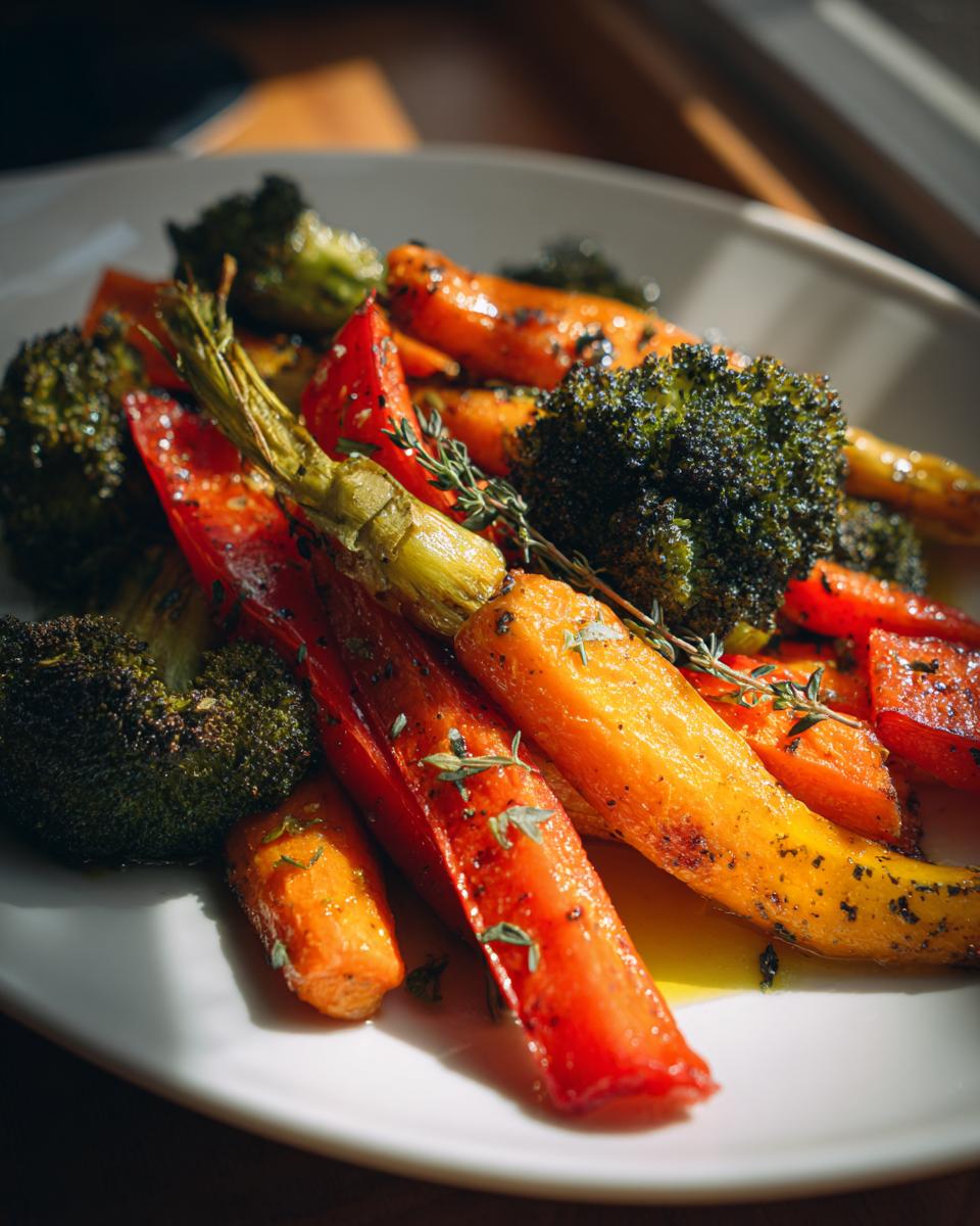 Plate of roasted vegetable recipes including carrots, broccoli, and red peppers garnished with herbs.