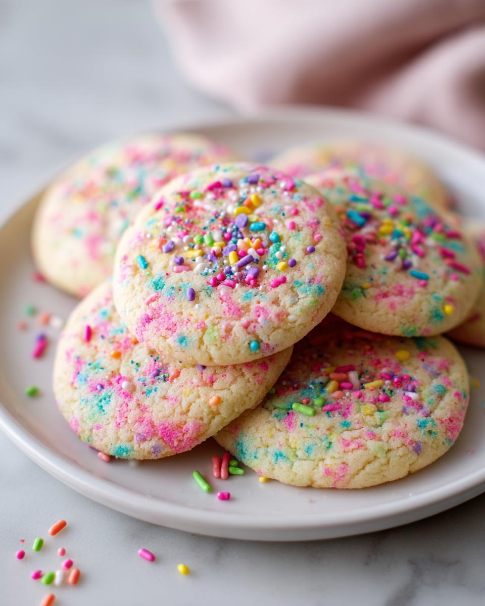 Plate of colorful sprinkle cookies with pink, blue, yellow, and purple sprinkles for quick Easter desserts