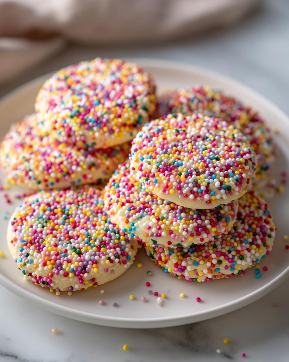 Plate of round cookies covered in colorful sprinkles, perfect quick Easter desserts.