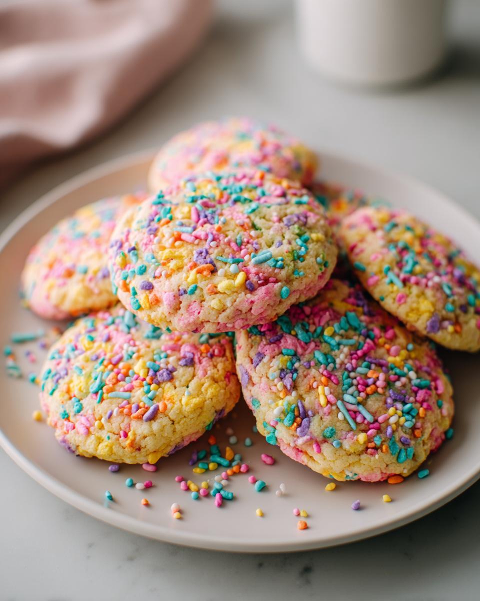 Plate of colorful sprinkle cookies perfect for quick Easter desserts with pastel sprinkles on top.