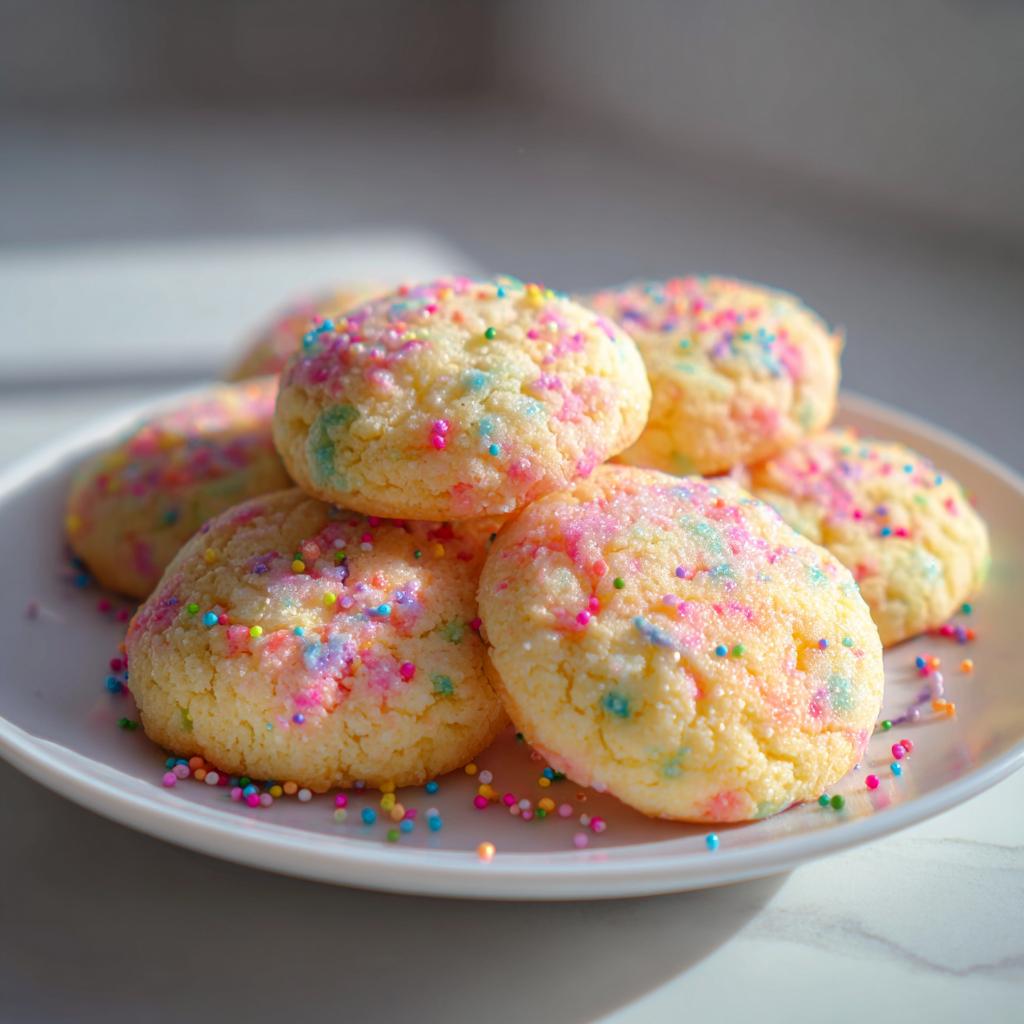 Plate of soft cookies with colorful sprinkles, perfect for quick Easter desserts.