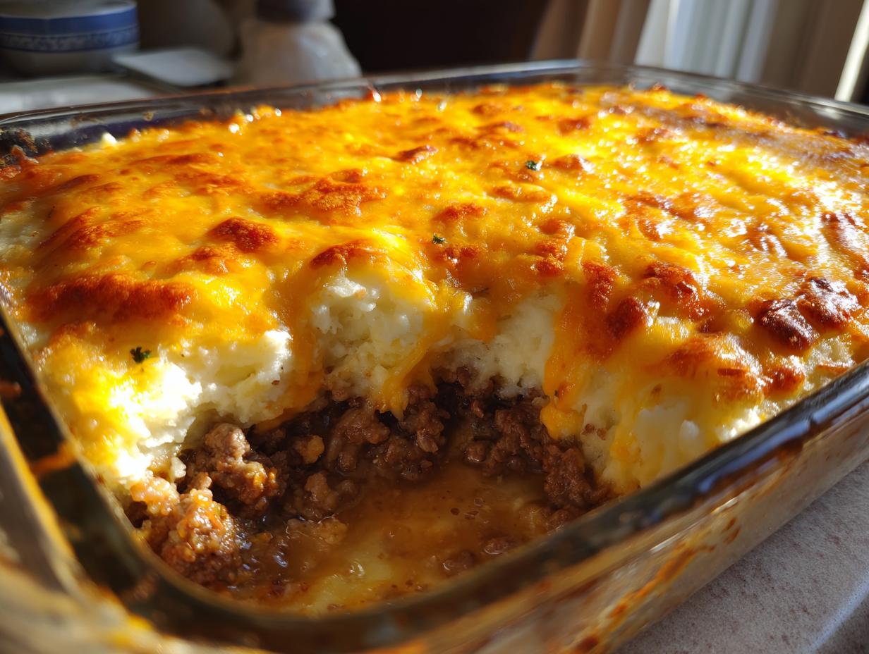Close-up of a baked shepherd's pie with golden cheese topping and ground meat filling