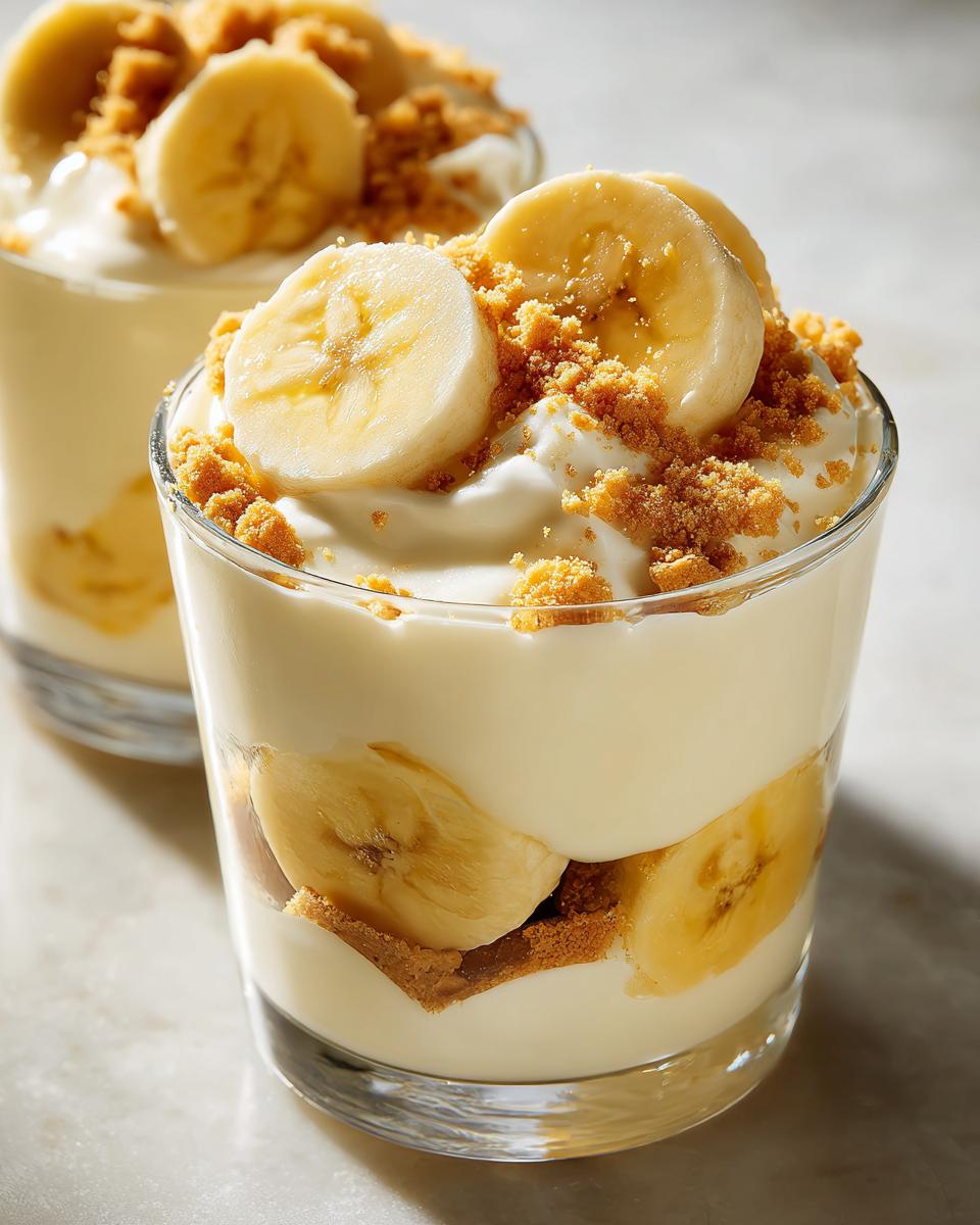 Glass cups filled with creamy banana pudding topped with banana slices and crushed cookies.