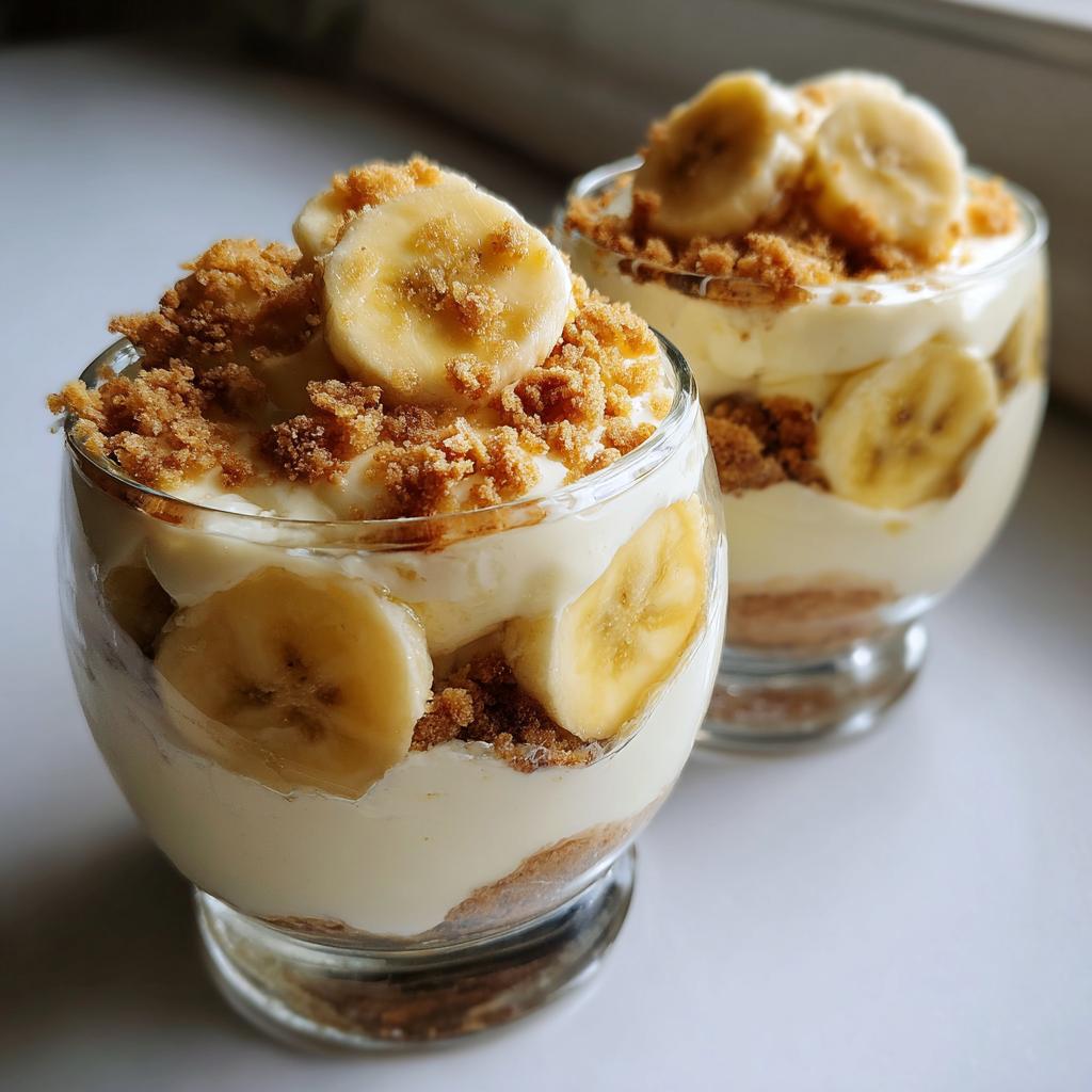 Two creamy banana pudding cups layered with banana slices and crumb topping in clear glass cups.