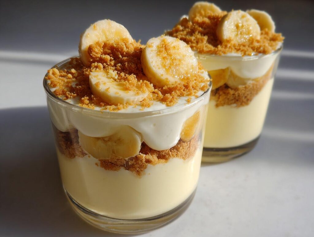 Two creamy banana pudding cups topped with banana slices and crumb topping in clear glass cups.