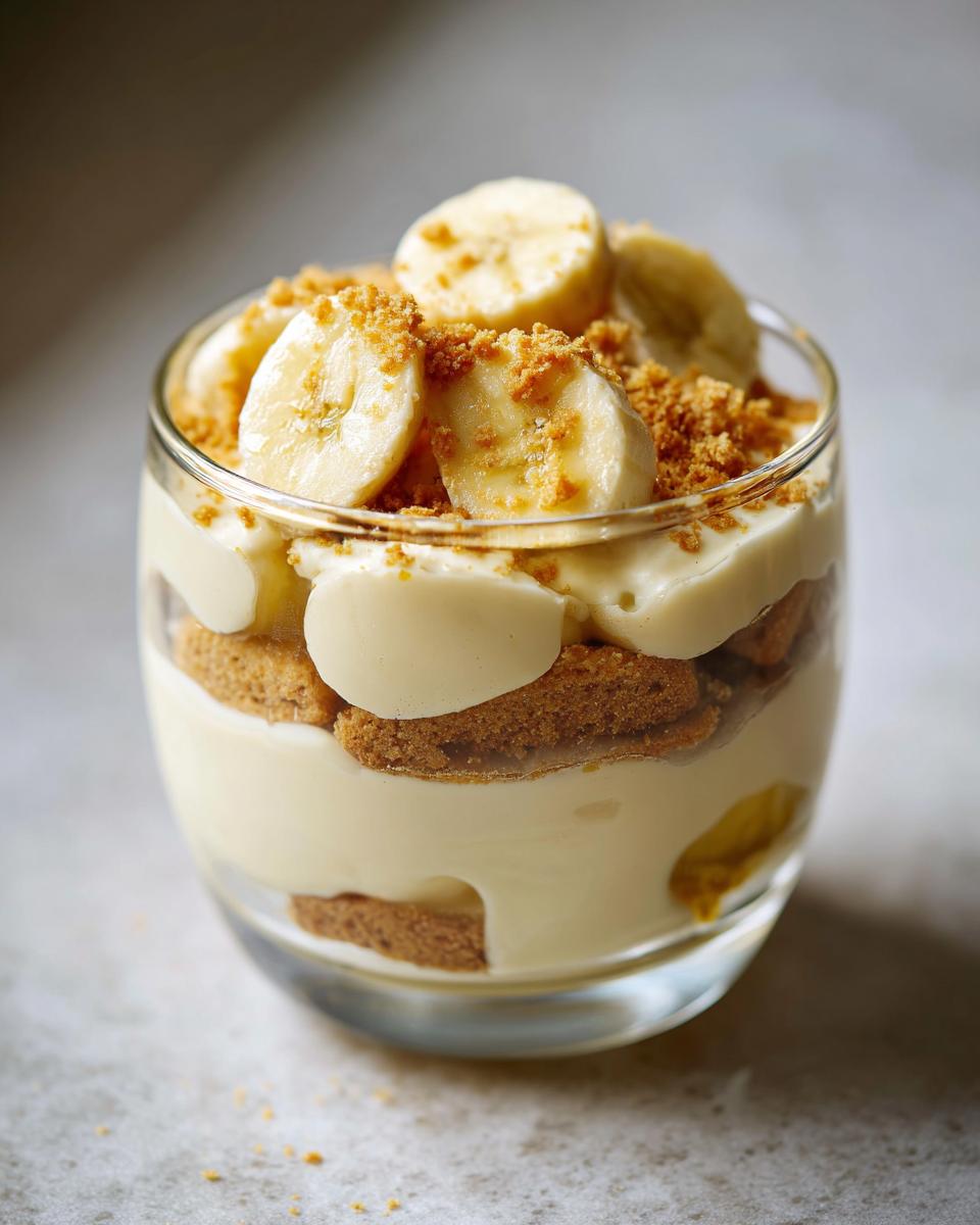 Glass cup filled with creamy banana pudding cups topped with banana slices and cookie crumbs.