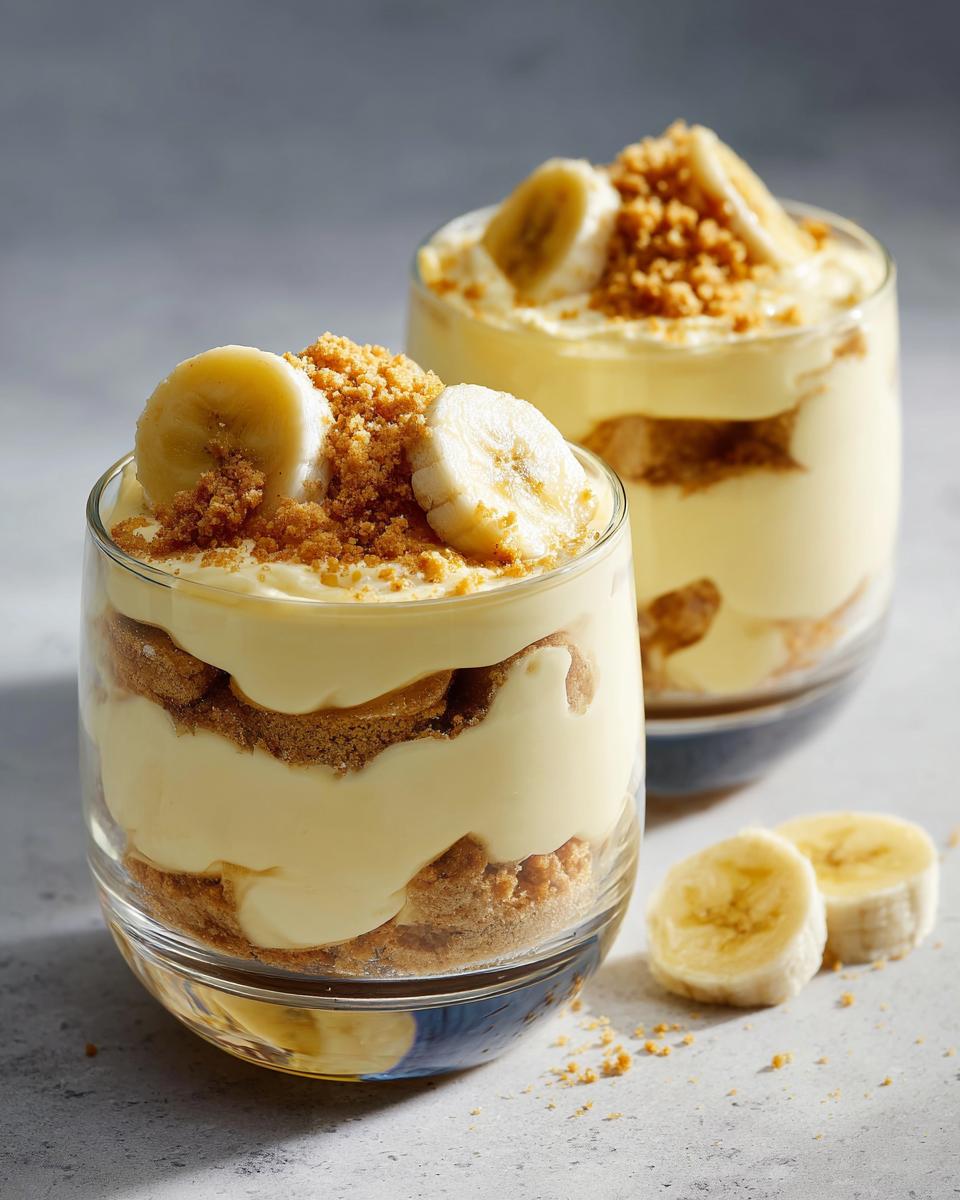 Two creamy banana pudding cups layered with banana slices and crumb topping in clear glasses.