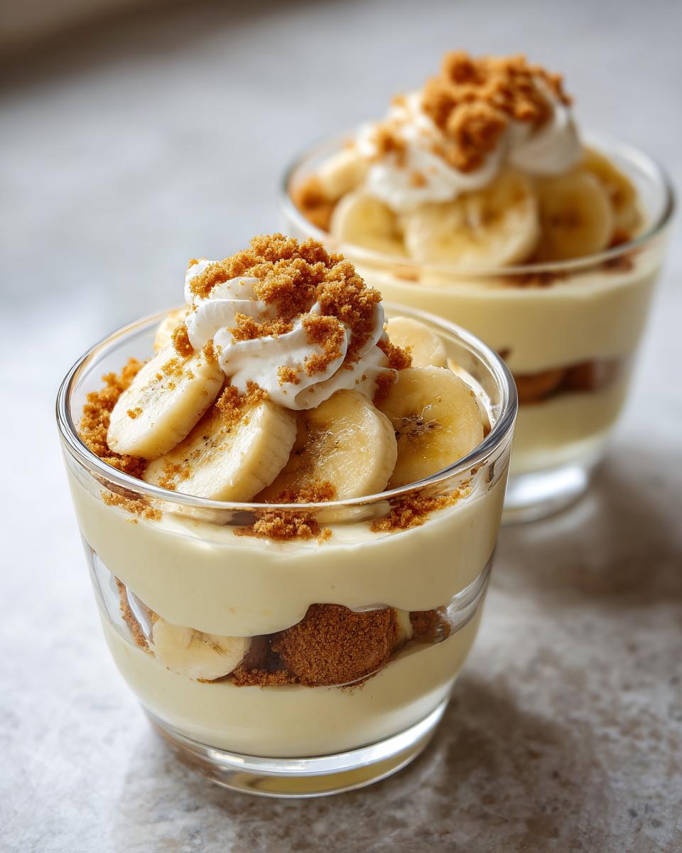 Two creamy banana pudding cups layered with banana slices, whipped cream, and cookie crumbs.