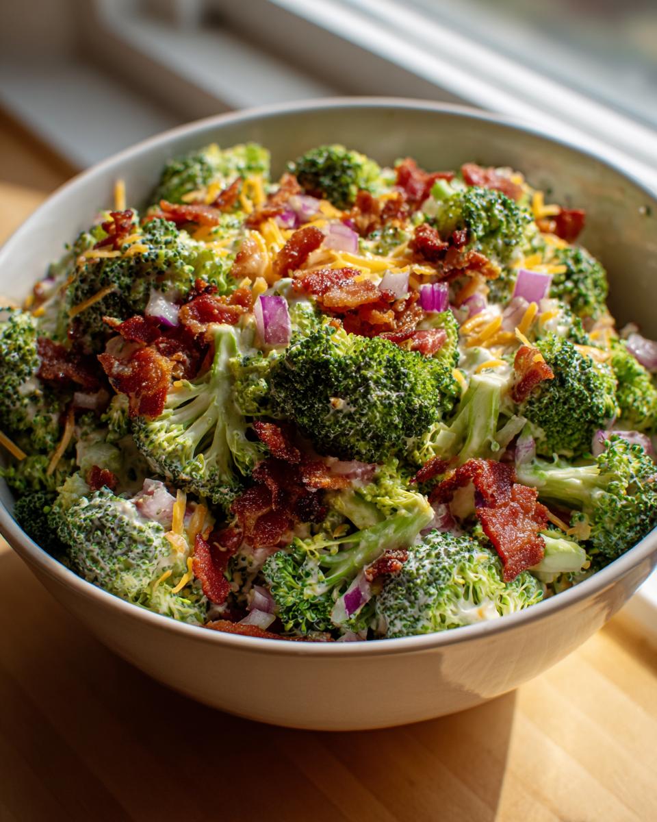 Bowl of creamy broccoli bacon salad with chopped red onions and shredded cheese