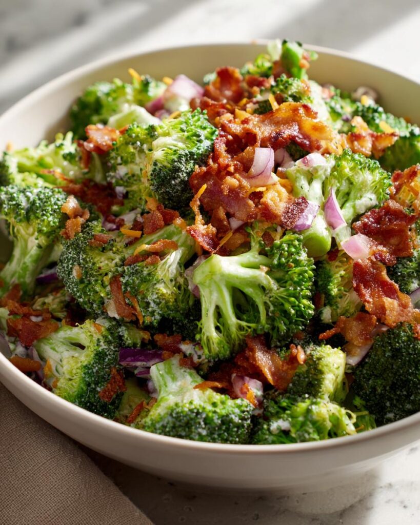 Bowl of creamy broccoli bacon salad with crispy bacon, red onions, and shredded cheese.