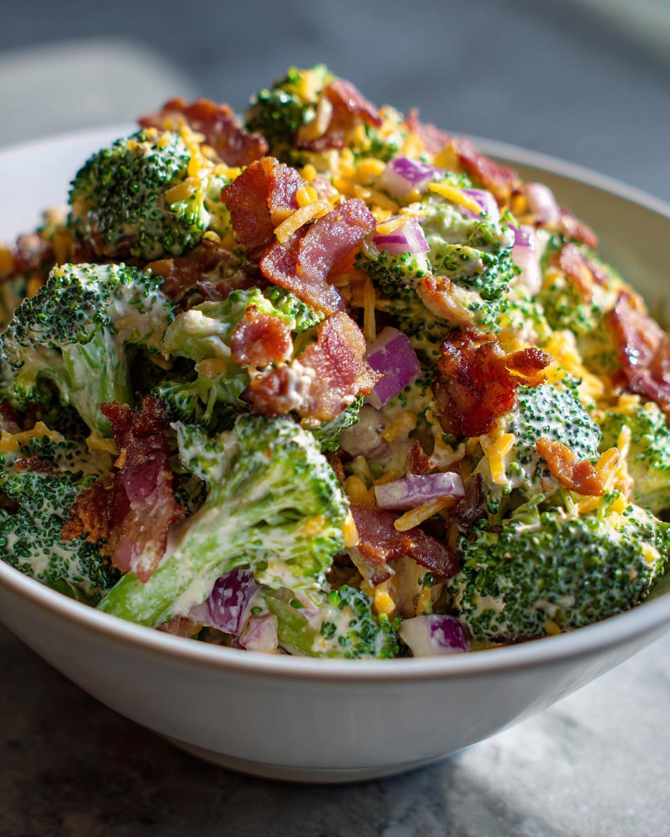 Close-up of creamy broccoli bacon salad with crispy bacon, cheddar, and red onion in a white bowl.