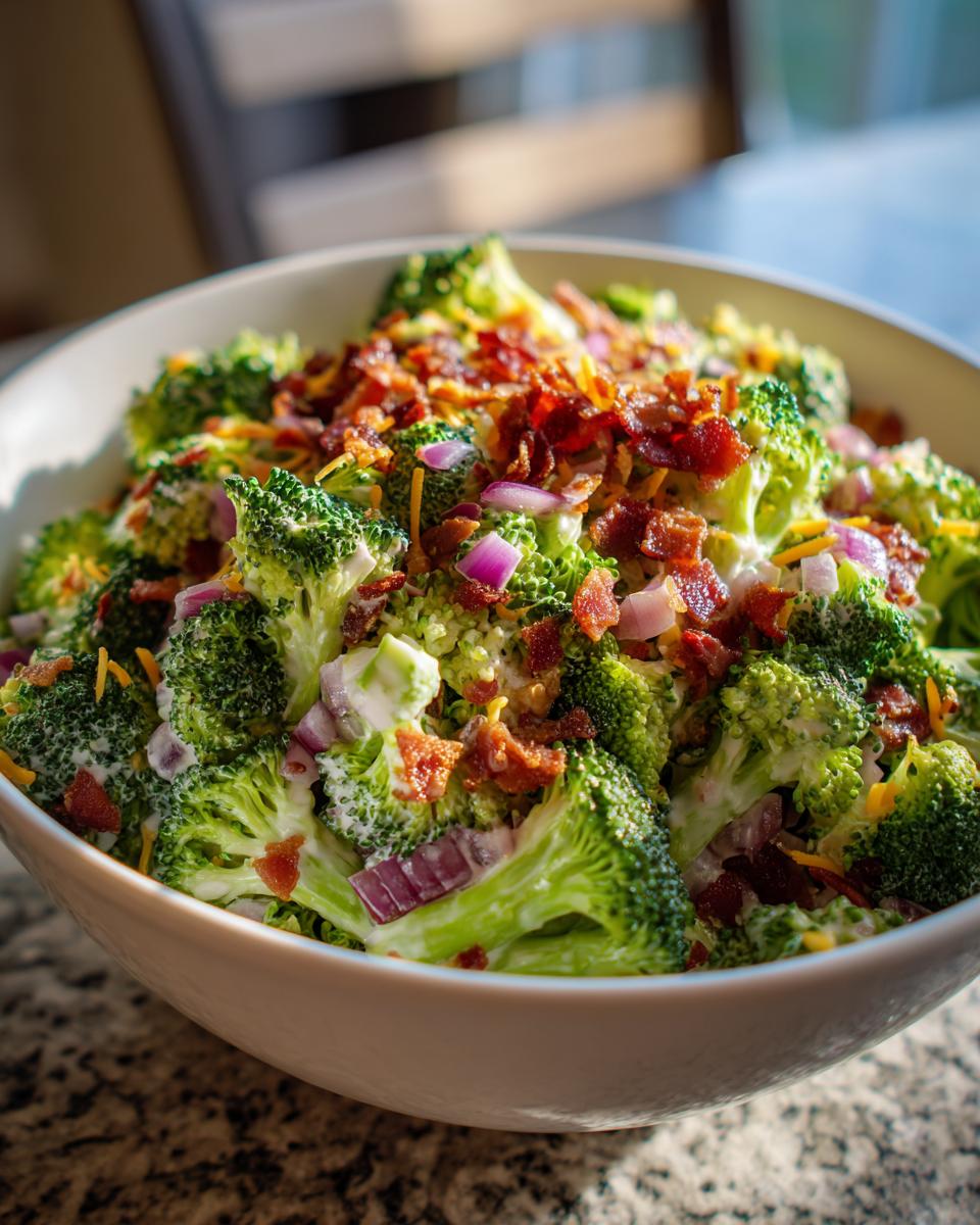 Close-up of creamy broccoli bacon salad with red onions and shredded cheese in a white bowl.