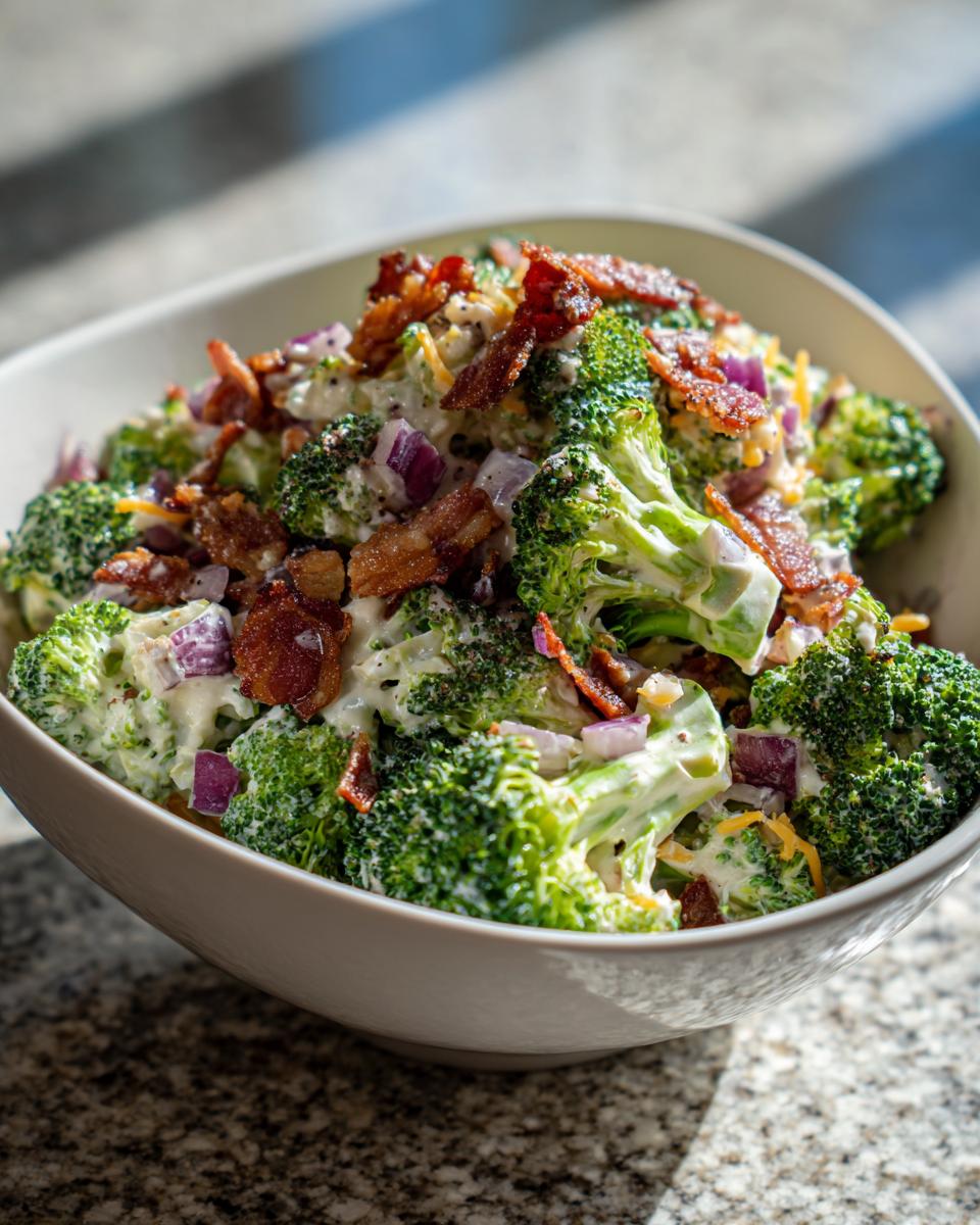 Creamy broccoli bacon salad with crispy bacon, red onion, and cheddar cheese in a white bowl.
