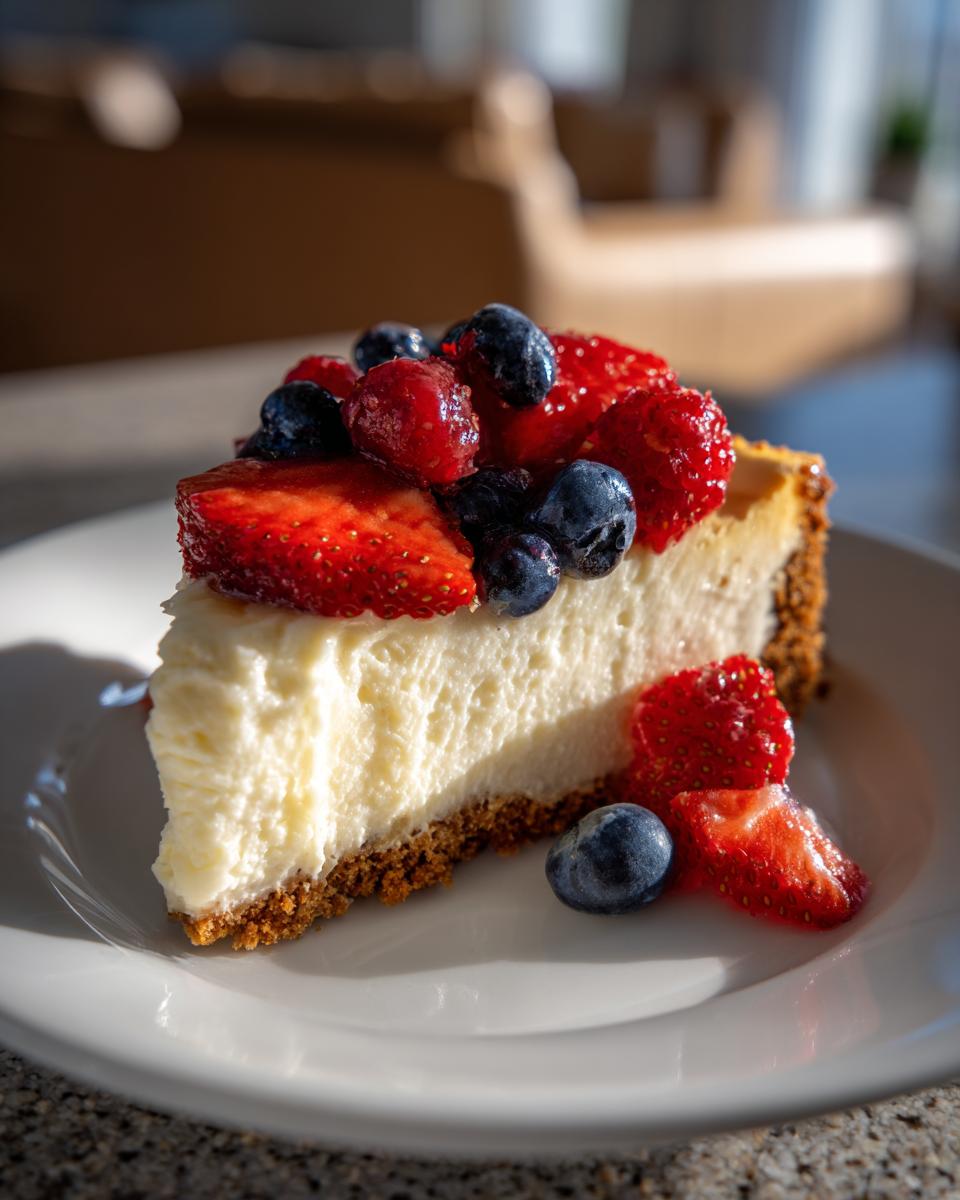 Slice of creamy cheesecake topped with strawberries, blueberries, and raspberries on a white plate