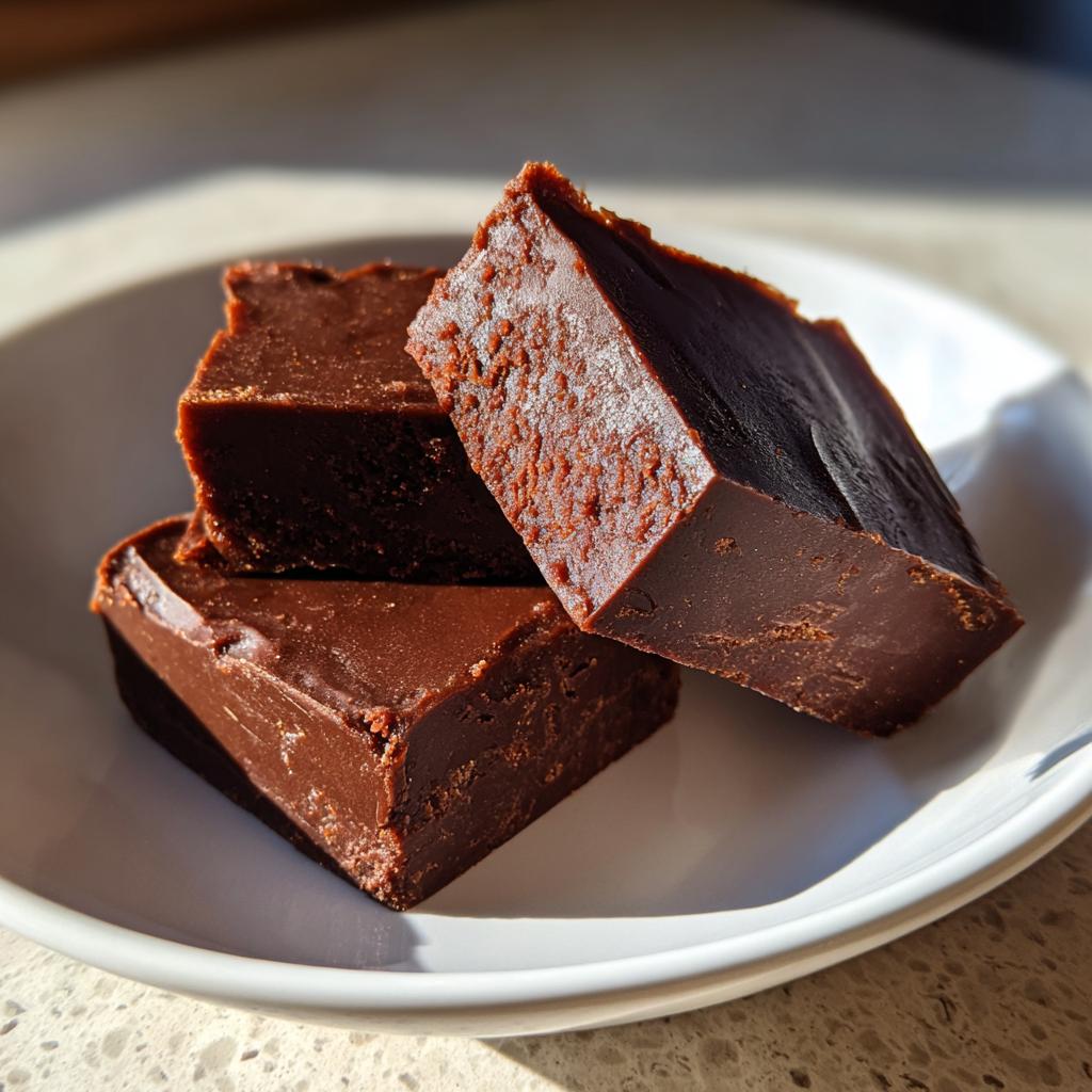 Three rich and creamy chocolate fudge squares stacked on a white plate.