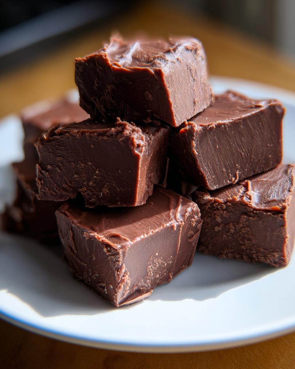 Close-up of creamy chocolate fudge squares stacked on a white plate, showcasing rich texture.