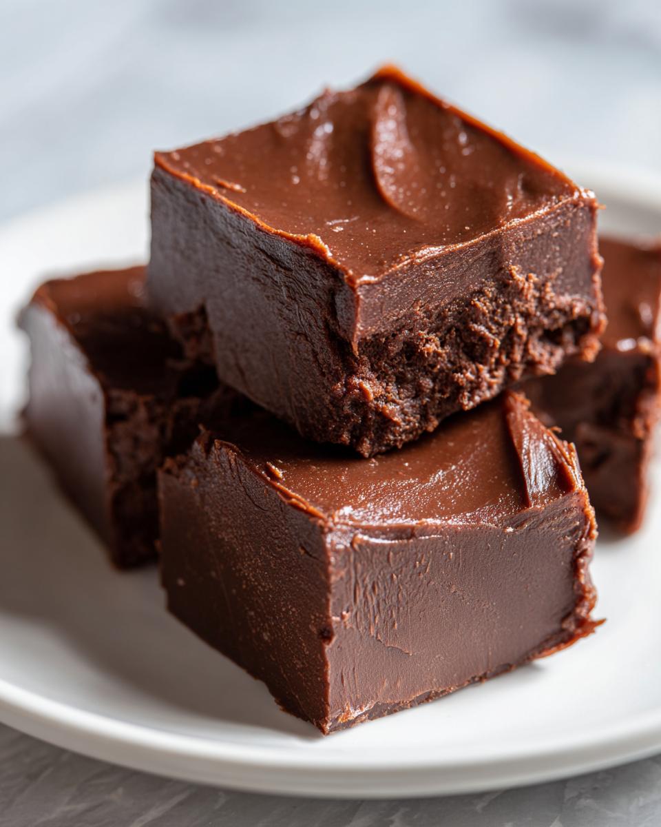 Close-up of creamy chocolate fudge squares stacked on a white plate.