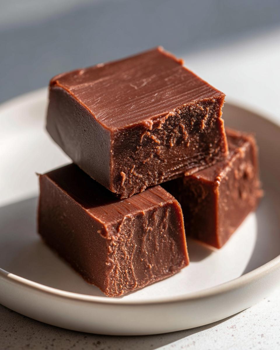 Three creamy chocolate fudge squares stacked on a white plate in natural light.
