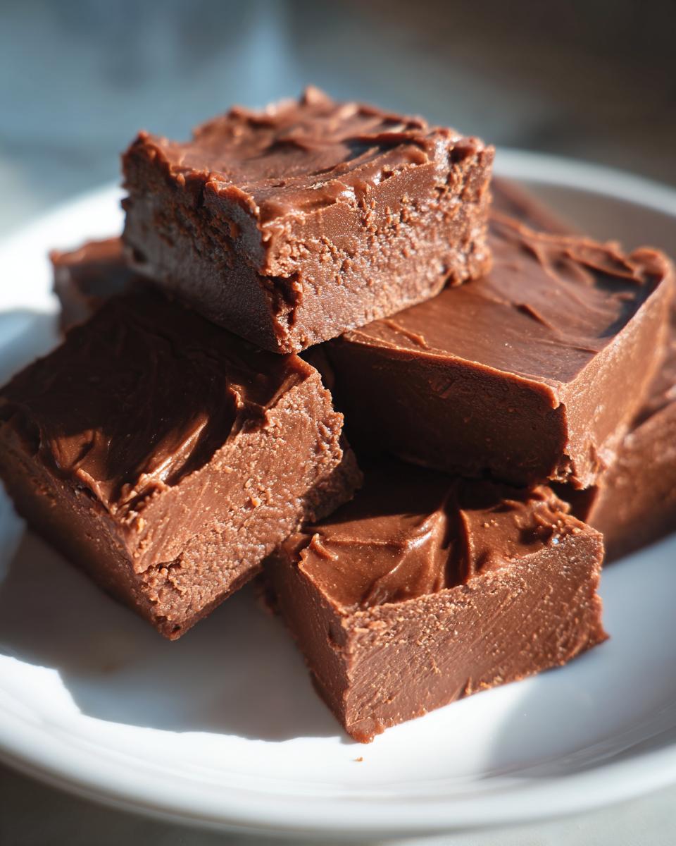 Close-up of creamy chocolate fudge squares stacked on a white plate, showcasing rich texture.