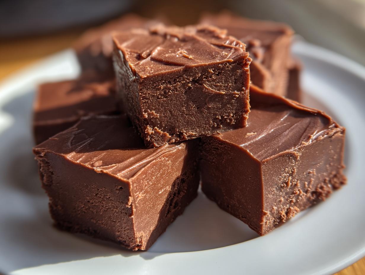 Close-up of creamy chocolate fudge squares stacked on a white plate, showcasing rich texture.