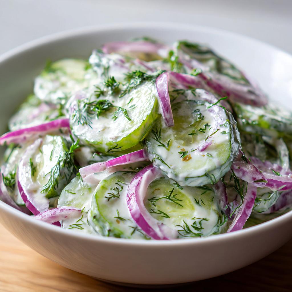 Bowl of creamy cucumber dill salad with sliced cucumbers, red onions, and fresh dill.