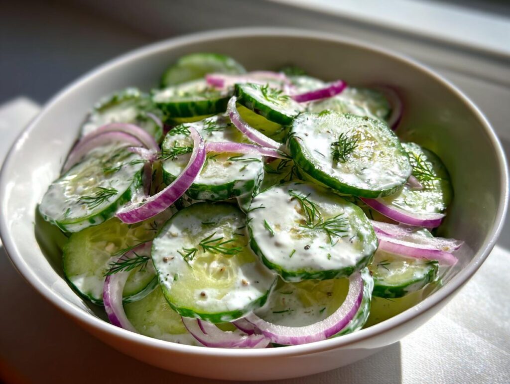 Bowl of creamy cucumber dill salad with sliced cucumbers, red onions, and fresh dill.