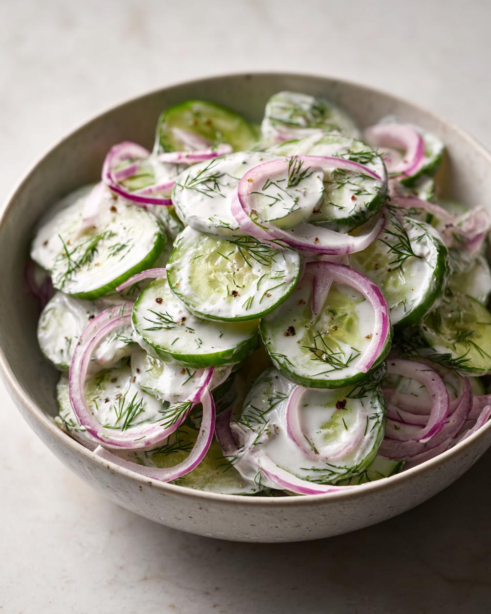 Bowl of creamy cucumber dill salad with sliced cucumbers, red onions, and fresh dill.