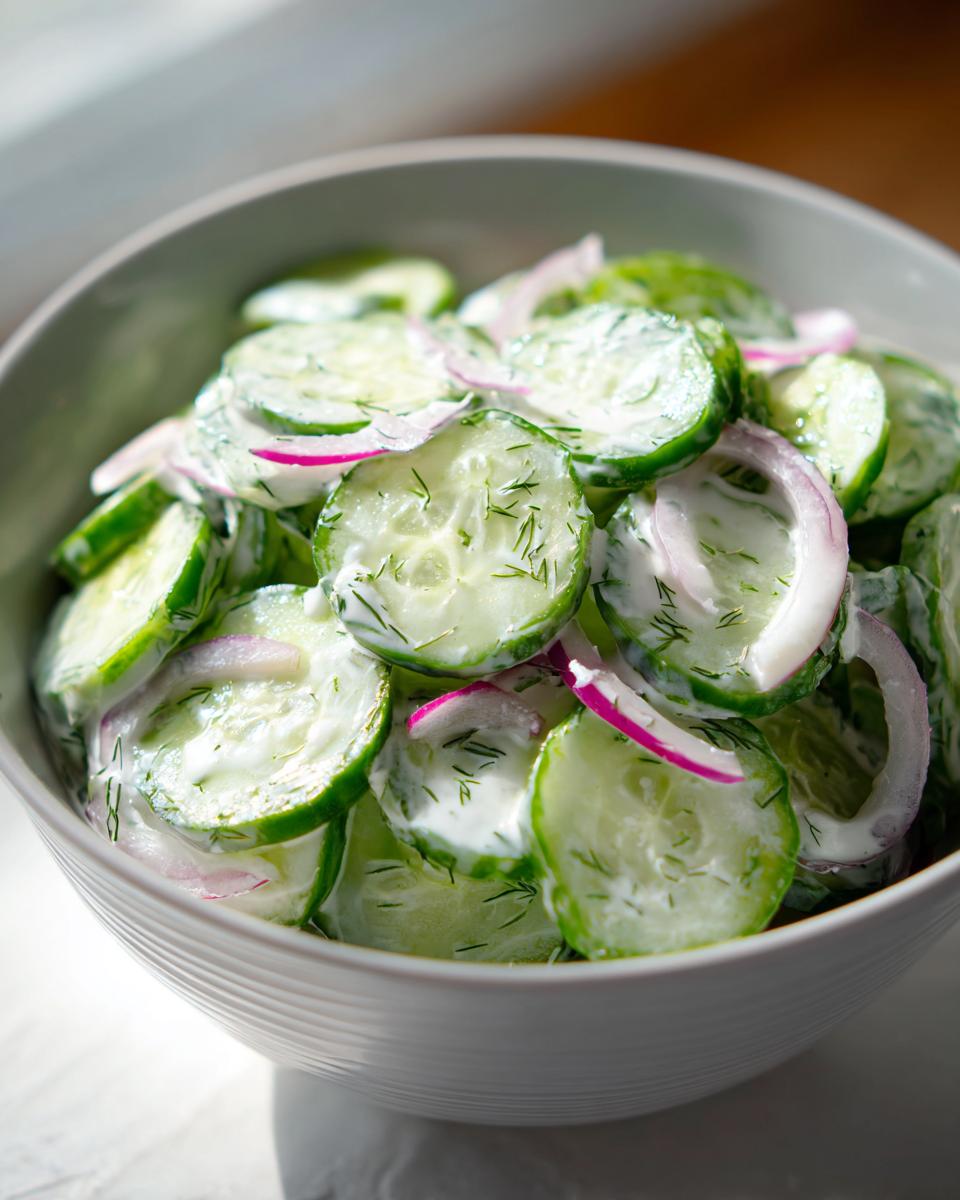 Bowl of creamy cucumber dill salad with sliced cucumbers, red onions, and dill herb
