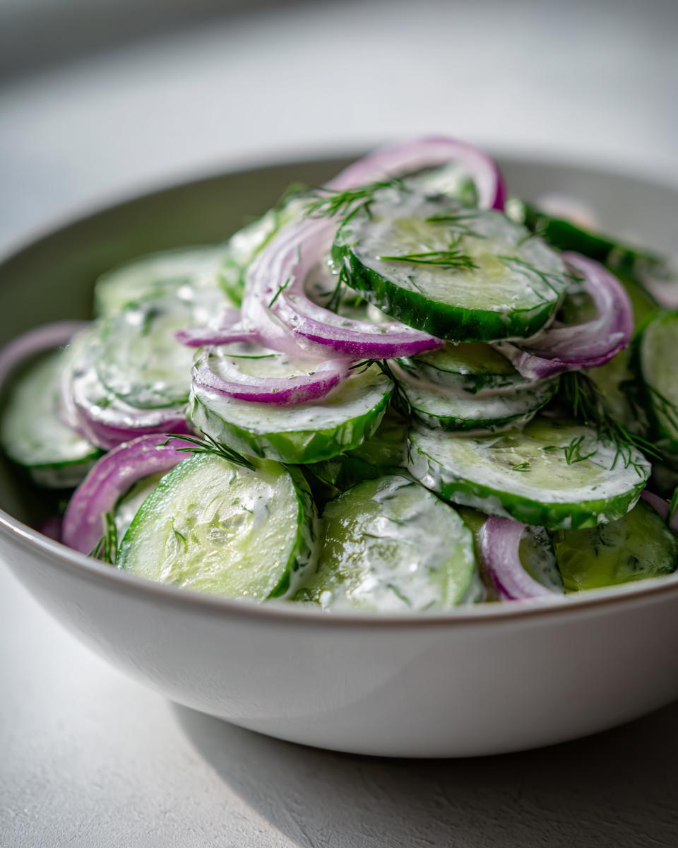 Bowl of creamy cucumber dill salad with sliced cucumbers, red onions, and fresh dill.