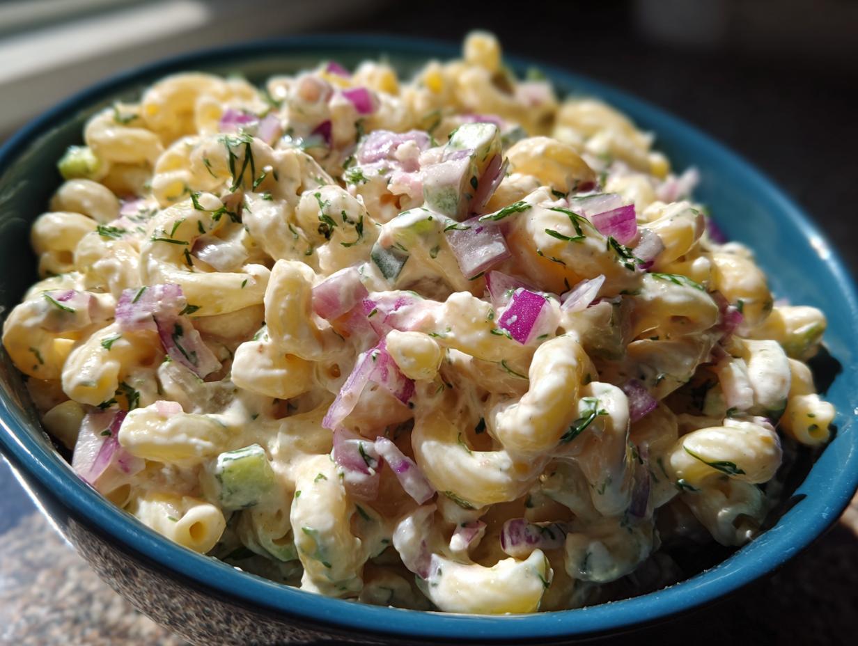 Close-up of creamy dill pickle pasta salad with red onions and herbs in a blue bowl.