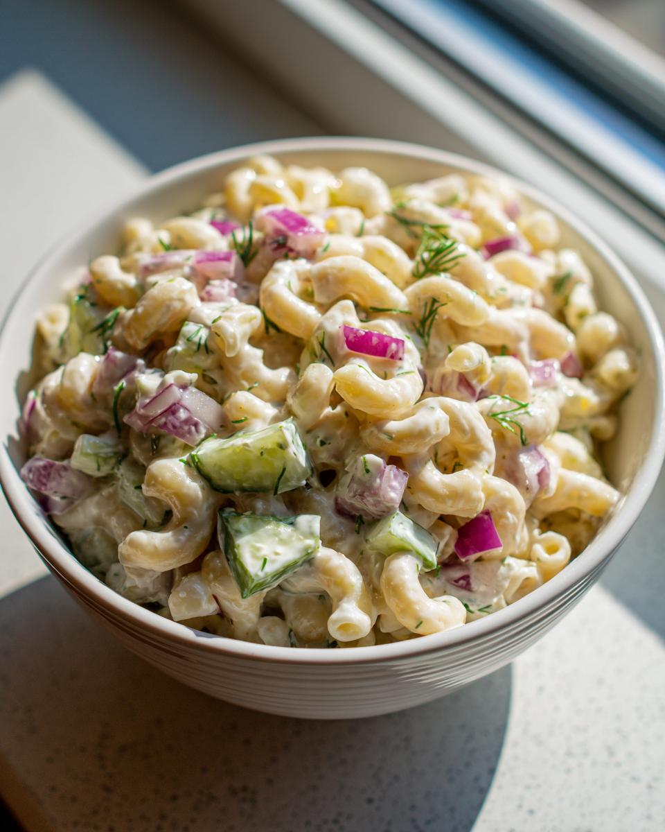 Bowl of creamy dill pickle pasta salad with elbow macaroni, red onions, cucumbers, and dill.