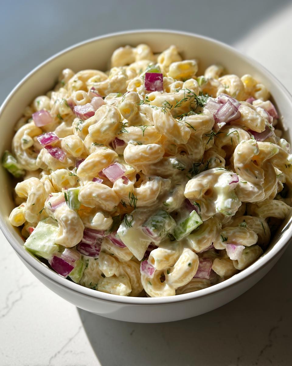 Close-up of creamy dill pickle pasta salad with elbow macaroni, red onions, and dill in a white bowl.