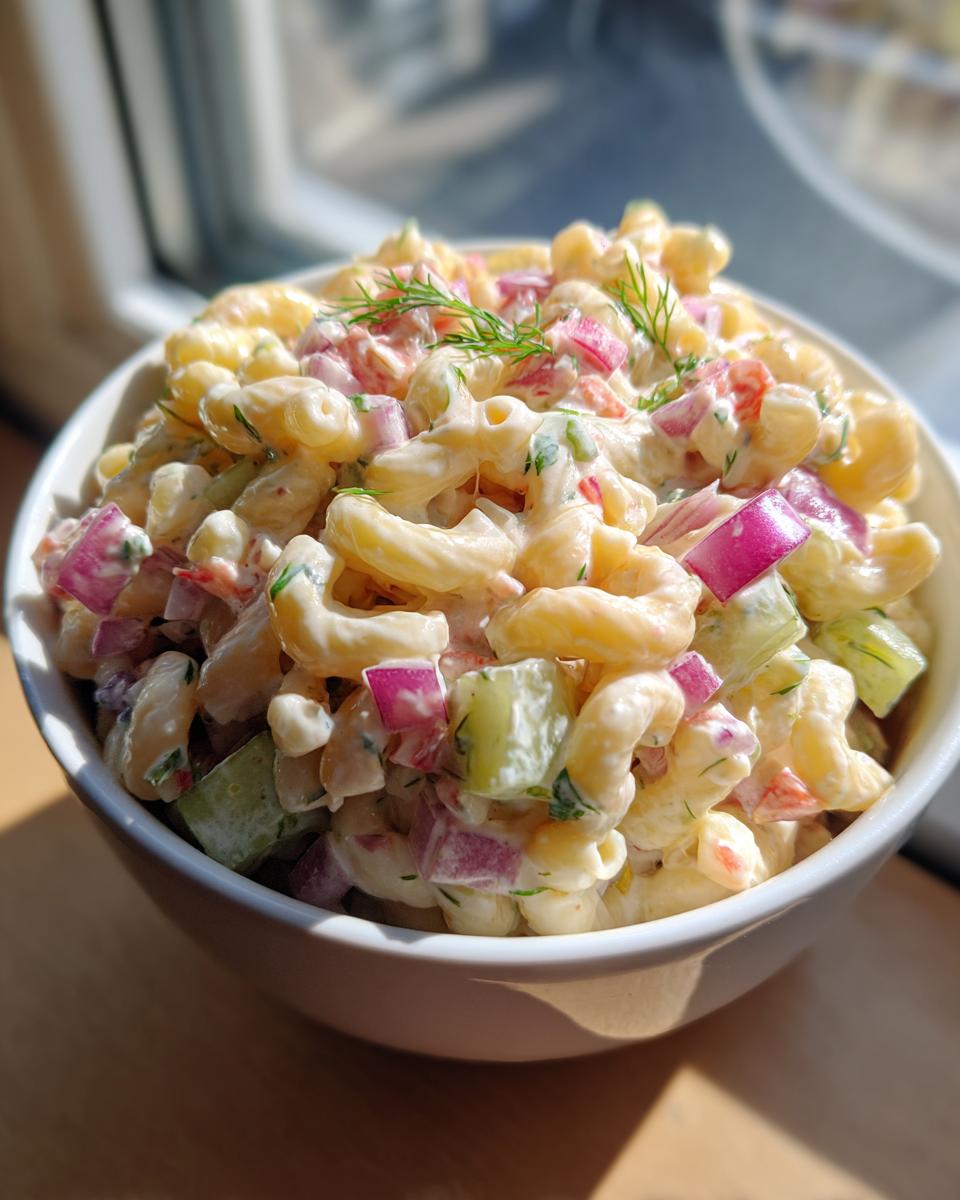 Close-up of creamy dill pickle pasta salad with red onion, cucumber, and dill in a white bowl.
