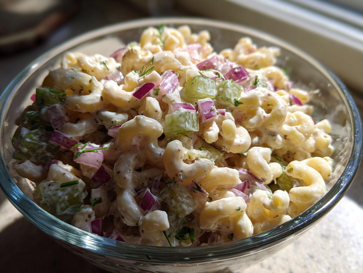 Close-up of creamy dill pickle pasta salad with elbow macaroni, diced pickles, red onion, and herbs.