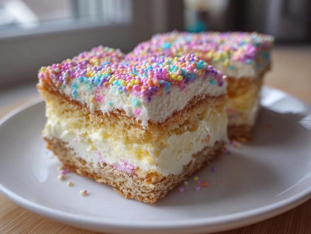 Two creamy Easter dessert bars topped with white frosting and colorful round sprinkles on a white plate.