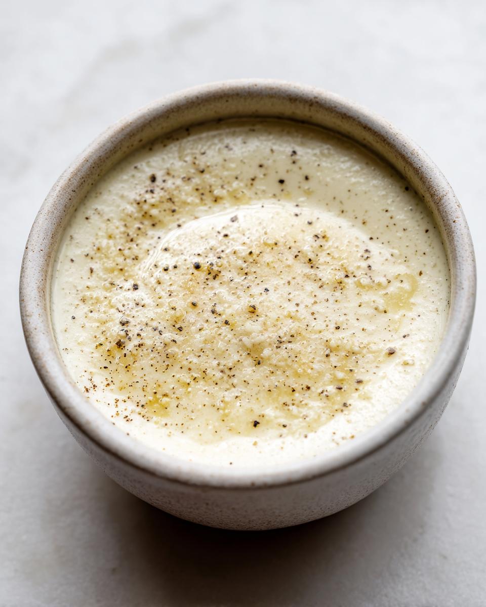Close-up of creamy easy homemade sauce sprinkled with black pepper in a ceramic bowl