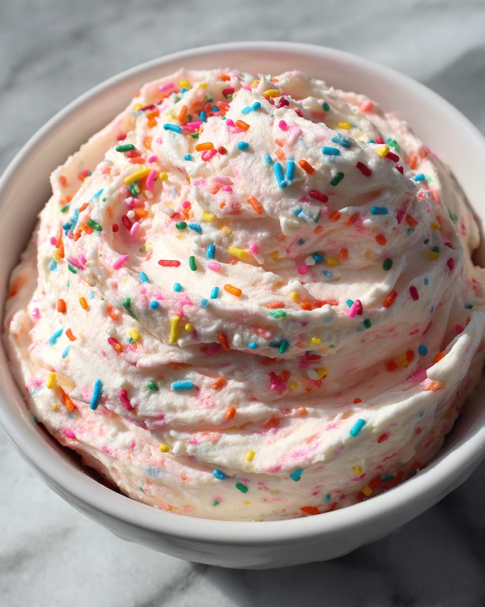 Close-up of creamy funfetti dessert dip recipe with colorful sprinkles in a white bowl.
