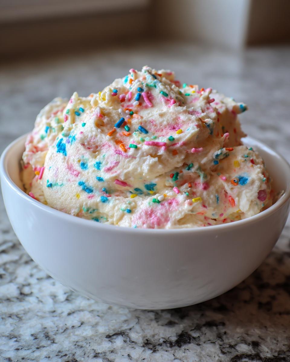 White bowl filled with creamy Funfetti dessert dip topped with colorful sprinkles.