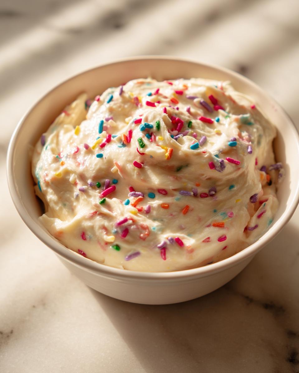 Bowl of creamy Funfetti dessert dip topped with colorful sprinkles
