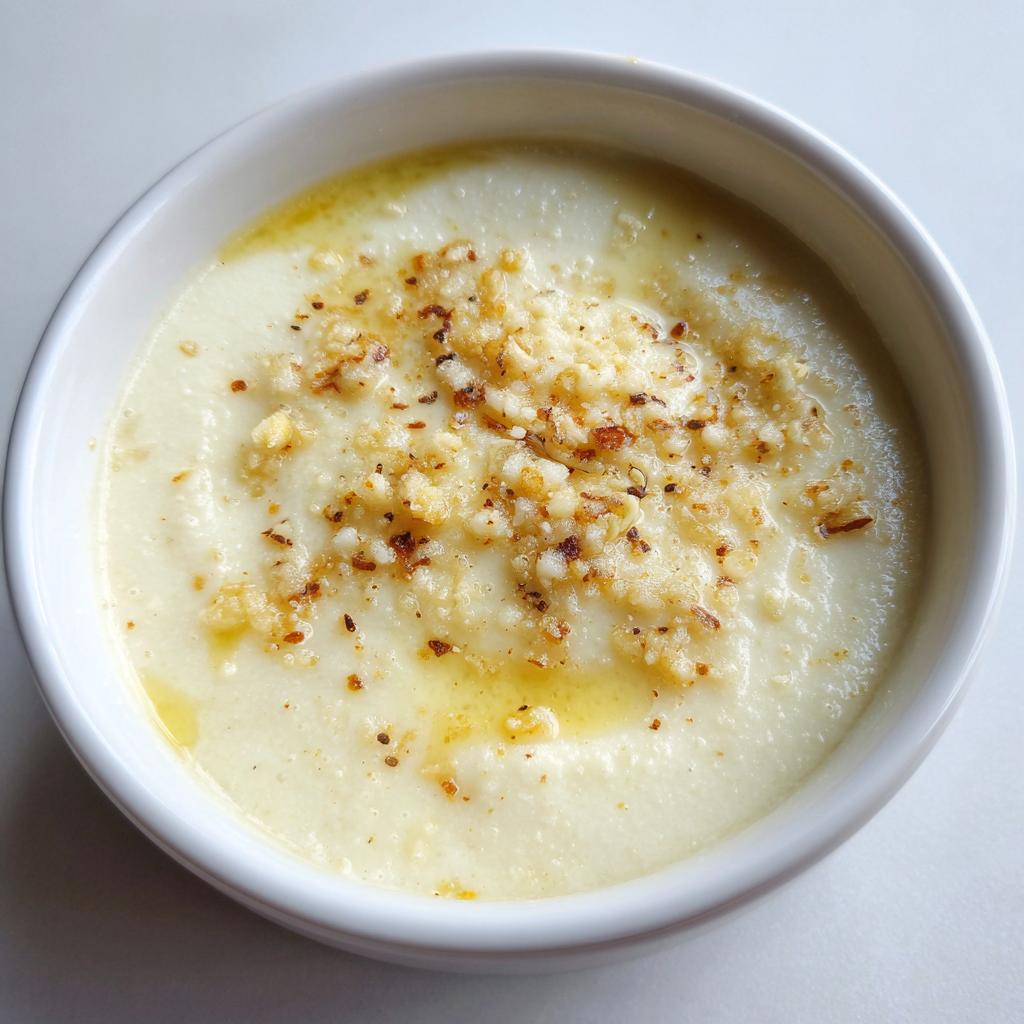 Close-up of creamy garlic sauce topped with browned garlic bits in a white bowl.