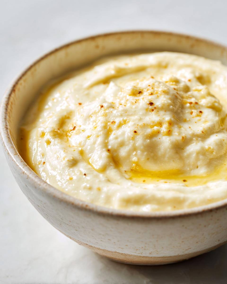 Close-up of creamy garlic sauce with a drizzle of oil and seasoning in a rustic bowl.