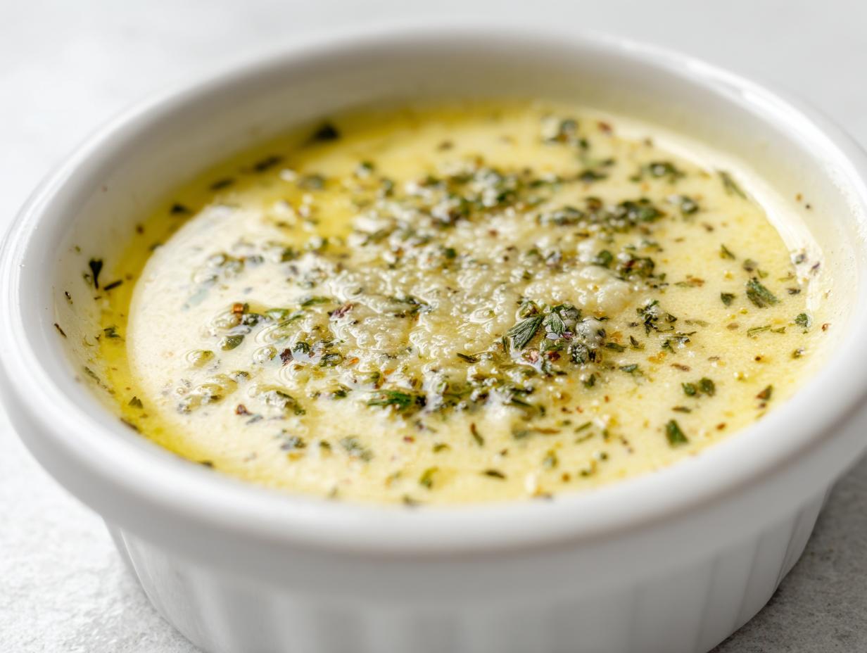 Close-up of creamy herb sauce in a white ramekin with visible herbs and spices
