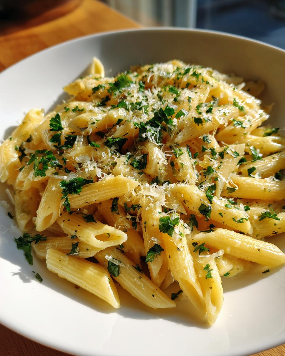Bowl of creamy penne pasta garnished with chopped herbs and grated cheese as an easy pasta side dish