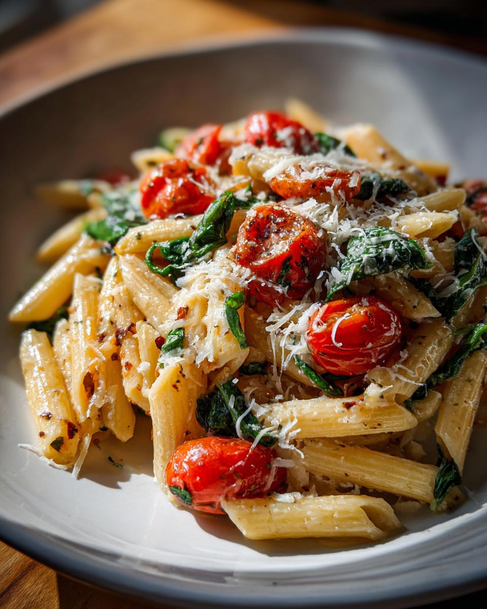 Plate of creamy penne pasta with roasted cherry tomatoes, spinach, and grated cheese, a spring pasta recipes dish