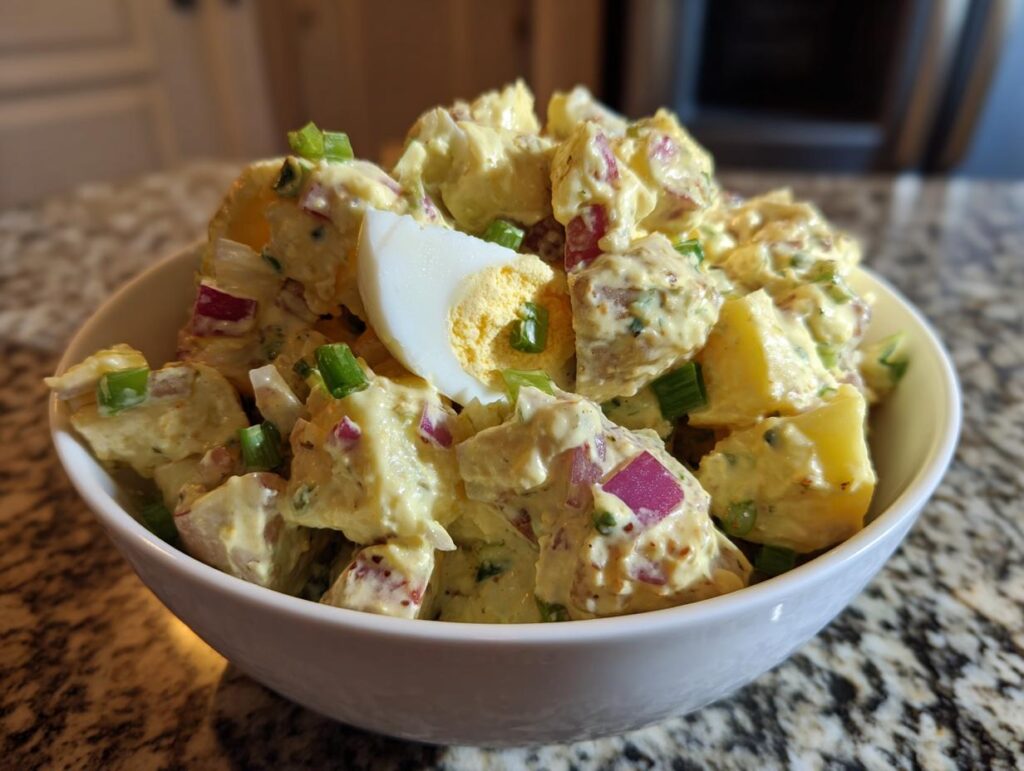 Bowl of creamy potato salad with red onions, green onions, and a sliced boiled egg