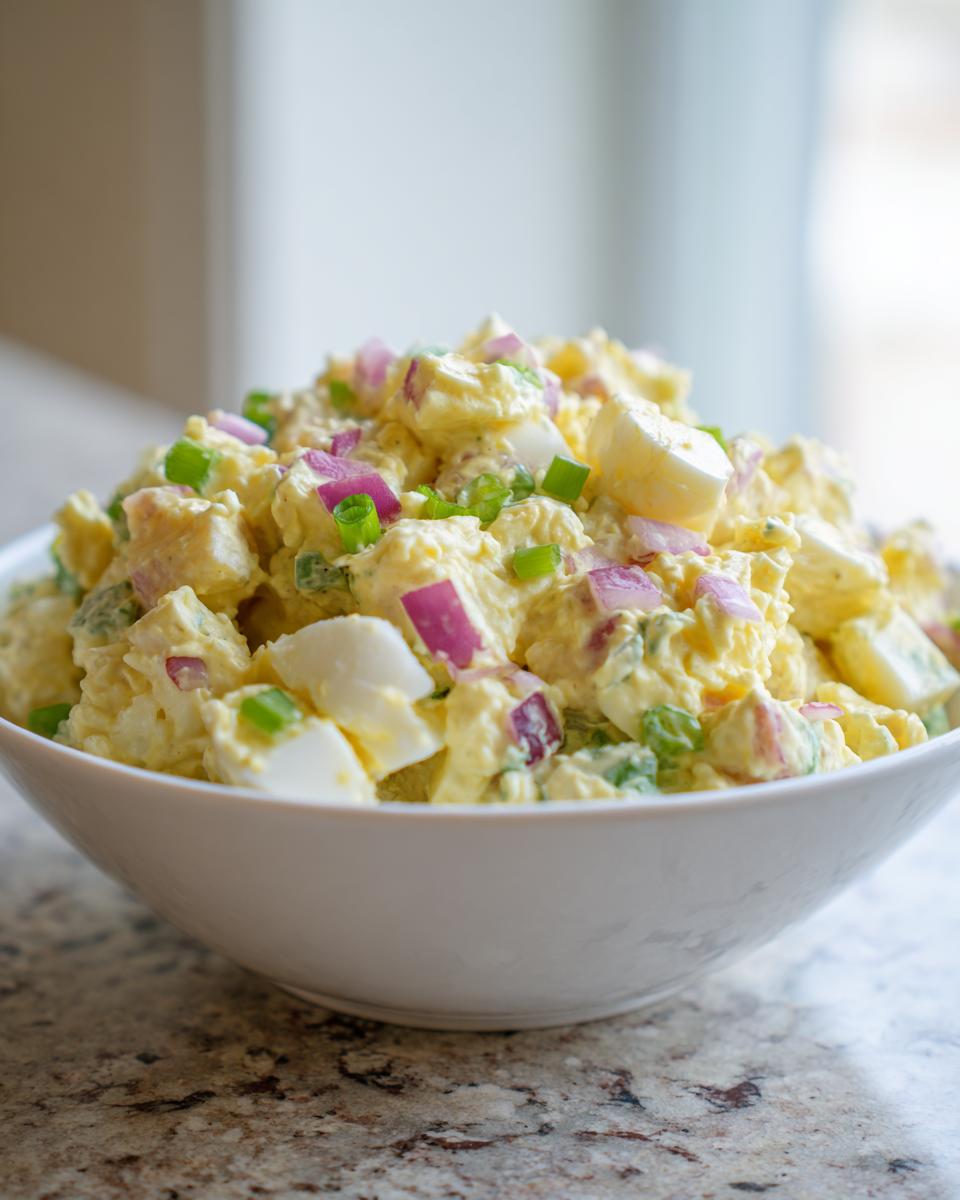 Bowl of creamy potato salad with chopped eggs, red onion, and green onions as potluck side dish ideas