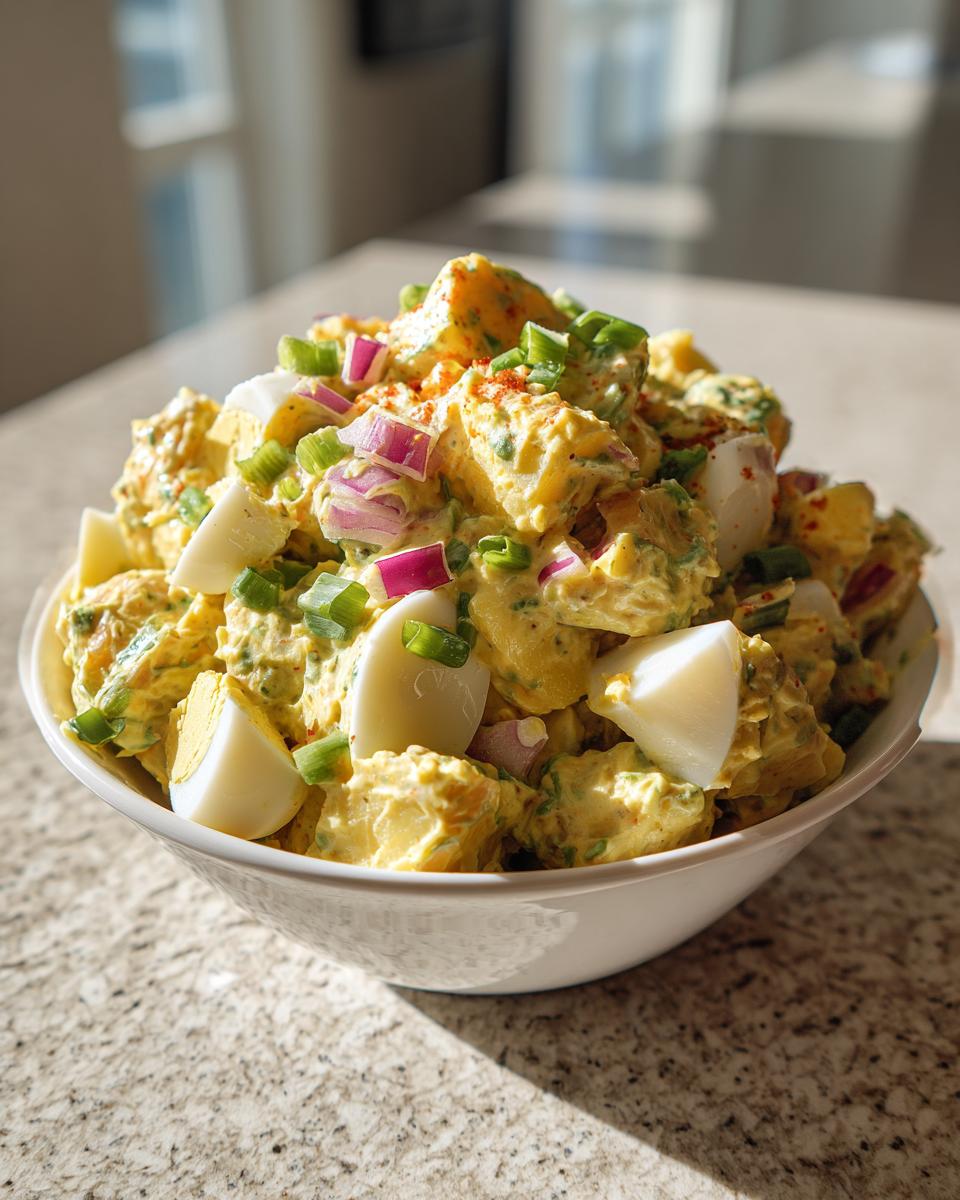 Bowl of creamy potato salad with chopped eggs, red onions, and green onions on granite countertop.